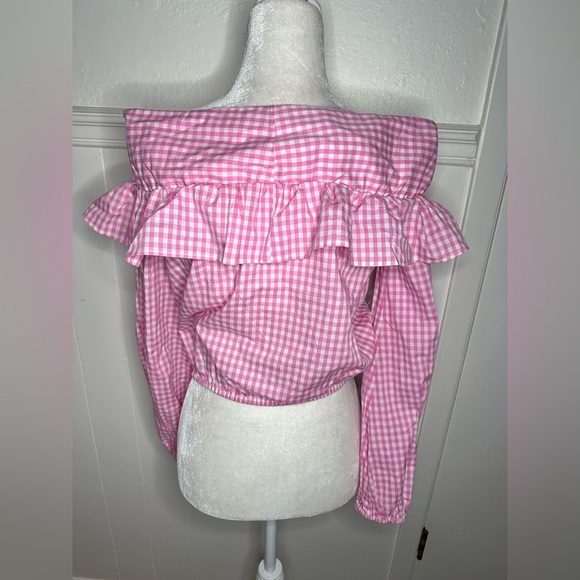 Lovers + Friends Pink Checkered Off-Shoulder Blouse size S - Picture 3 of 7